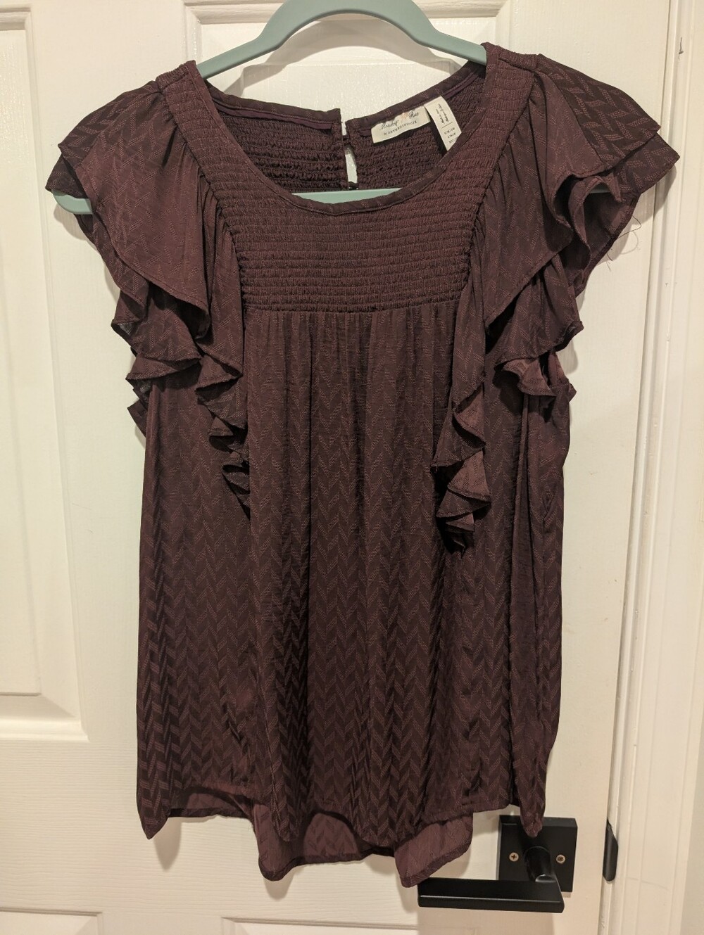 Anthropology Plum Ruffle Sleeve Smocked Yoke Blouse
